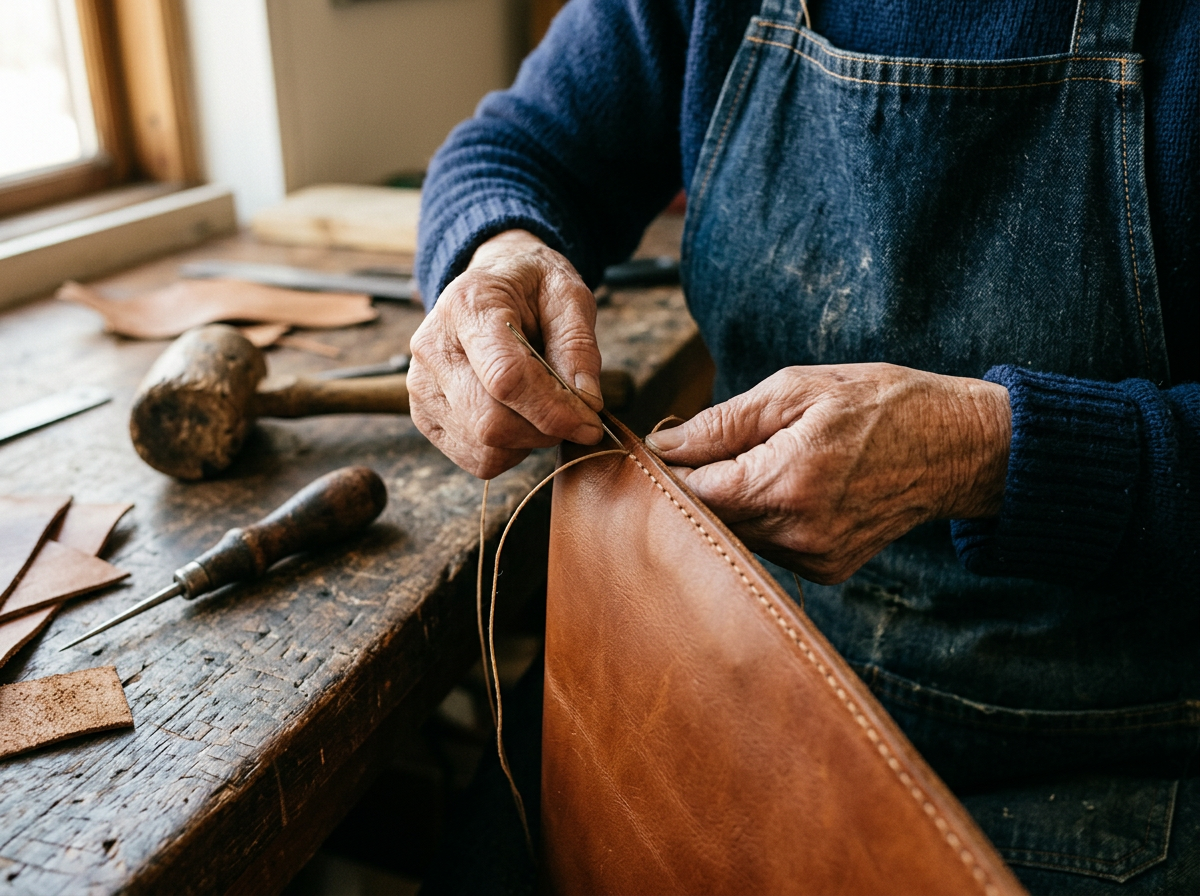 Mary's hands stitching leather