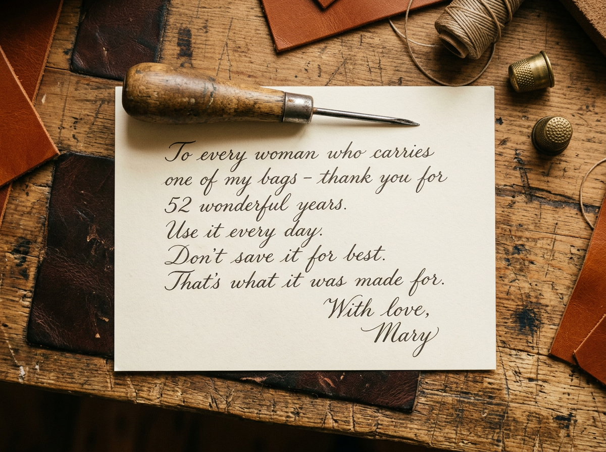 Mary's handwritten note on the workbench