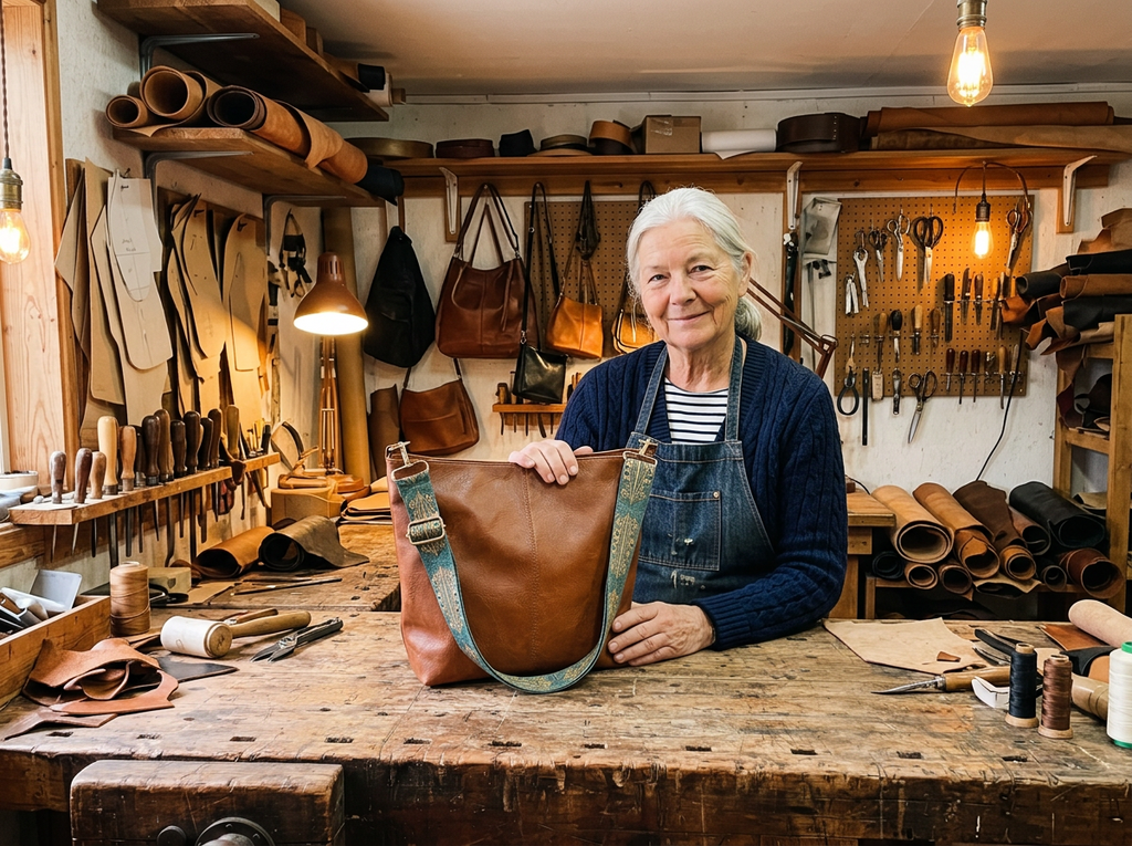 Mary at her workbench with a cognac leather bag