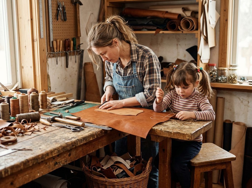 Mary cutting leather while little Mae stitches beside her