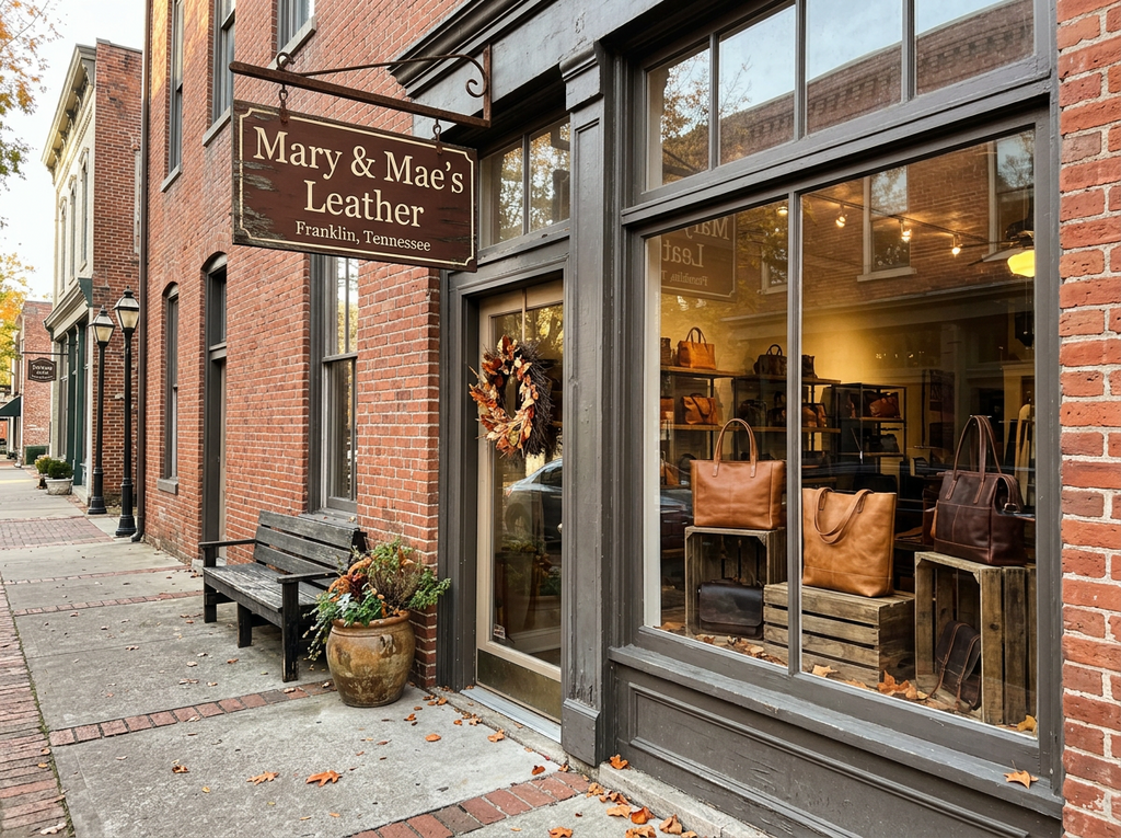 The Mary & Mae's Leather sign in Franklin, Tennessee